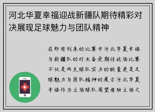 河北华夏幸福迎战新疆队期待精彩对决展现足球魅力与团队精神