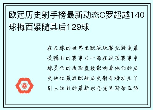 欧冠历史射手榜最新动态C罗超越140球梅西紧随其后129球